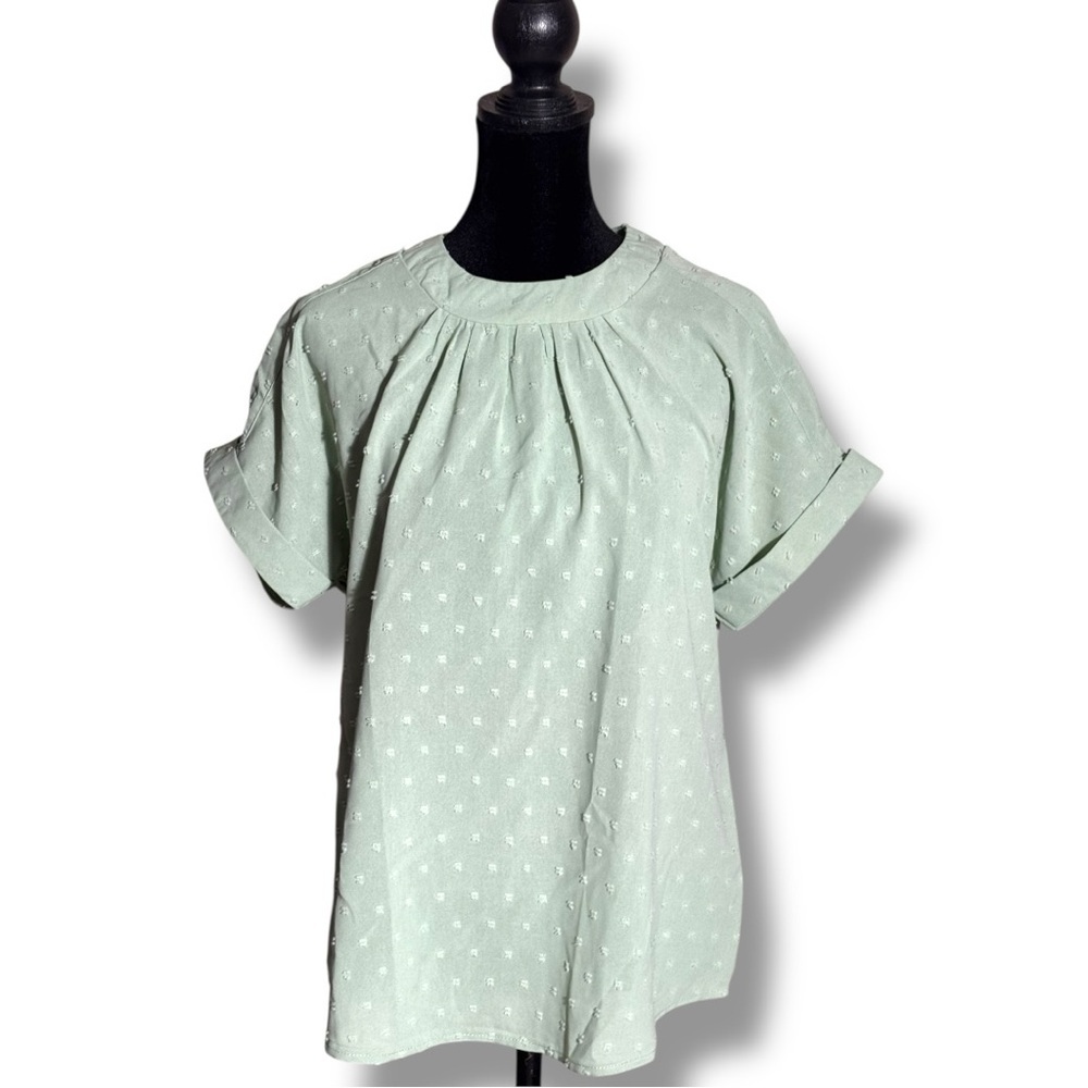 Unbranded Chic Mint Green Textured Short Sleeve Flowy Crewneck Blouse - Picture 2 of 16
